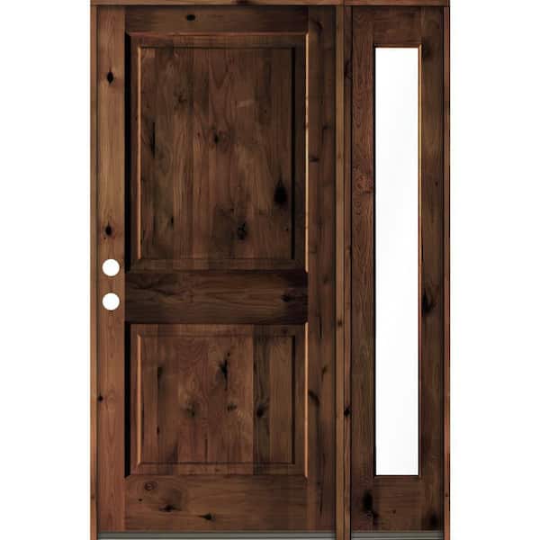 Krosswood Doors 56 in. x 80 in. knotty alder Right-Hand/Inswing Clear Glass Red Mahogany Stain Square Top Wood Prehung Front Door w/RFSL