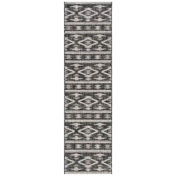 Courtyard Black/Gray 2 ft. x 10 ft. Geometric Striped Diamond Indoor/Outdoor Runner Rug
