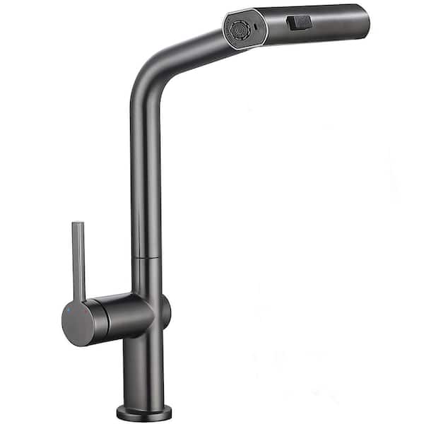15 in. Single Handle Pull Down Sprayer Kitchen Faucet with Waterfall Sweep Stream Mode 360° Spout Swivel in Matte Gary
