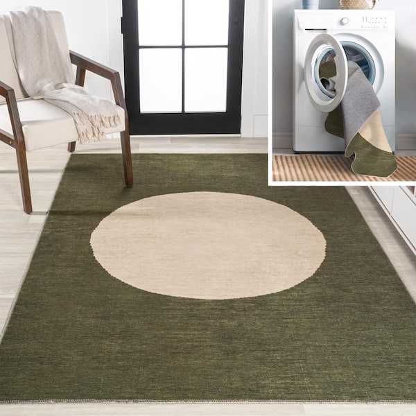 JONATHAN Y Cirkel Minimalist Geometric Dot Machine-Washable Olive/Cream 3 ft. x 5 ft. Area Rug