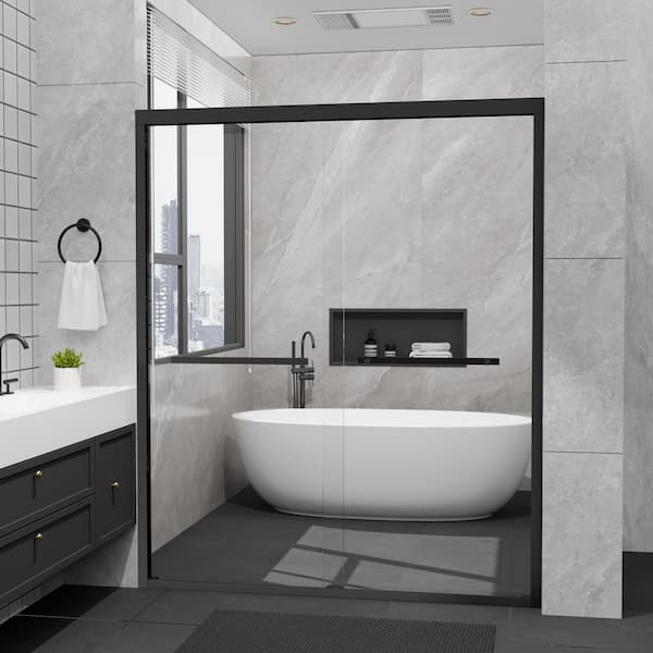 56 in. - 60 in. W x 72 in. H Double Sliding Framed Shower Door with Nano-Coated Easy-Clean Tempered Glass in Matte Black