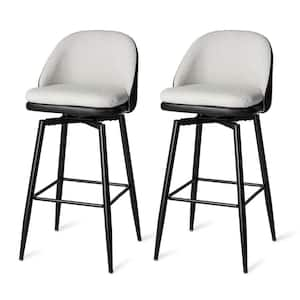 Modern Swivel Bar Stool with Metal Black Tapered Legs- Black Leatherette Mixed Beige Chenille Fabric (Set of 2）