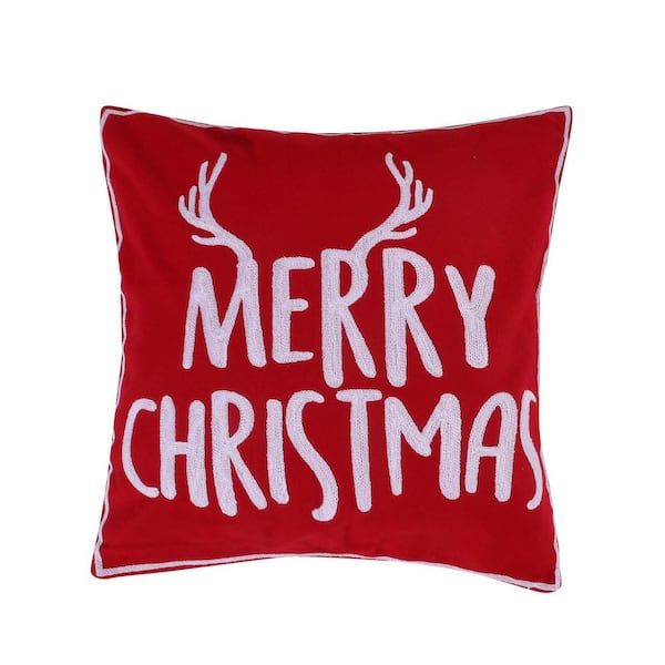 LEVTEX HOME Rudolph Red Embroidered Antler Merry Christmas 18 in. x 18 in. Throw Pillow