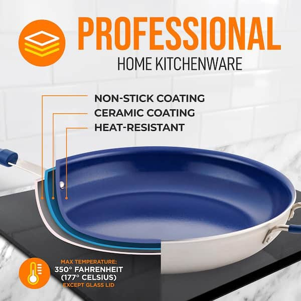 Nutrichef 14 in. Ceramic Non-Stick Frying Pan in Blue with Lid