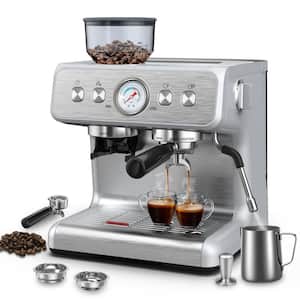 2- Cup Silver/Brushed Stainless Steel All in One 15 Bar Espresso Machine with Grinder and Powerful Steam Wand