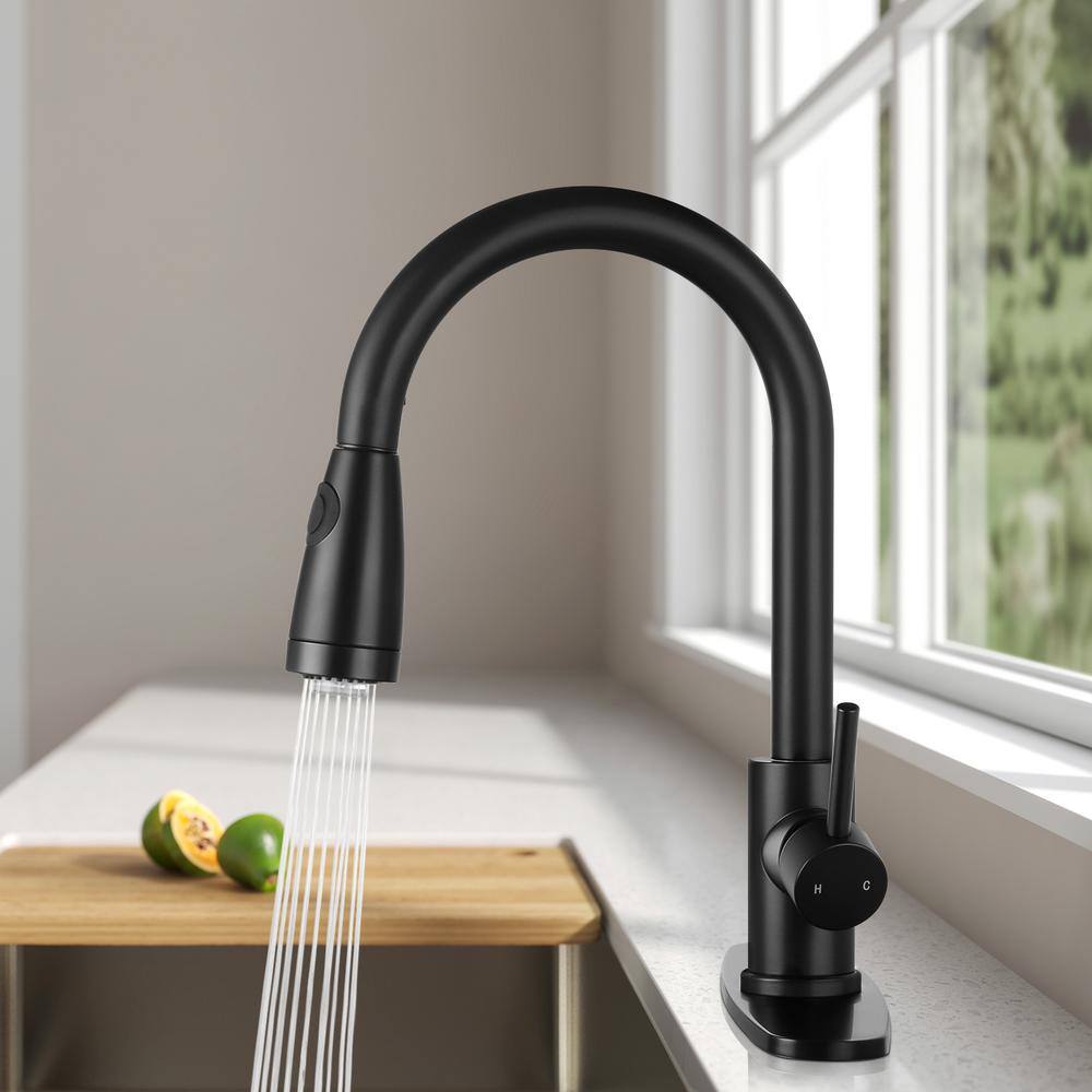 Matte Black High-Arc Single Handle Kitchen Faucet with Pull-out Spray