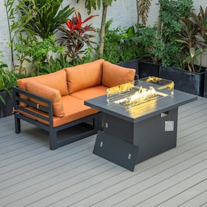 Chelsea Black 3-Piece Aluminum Patio Fire Pit Set with Orange Cushions