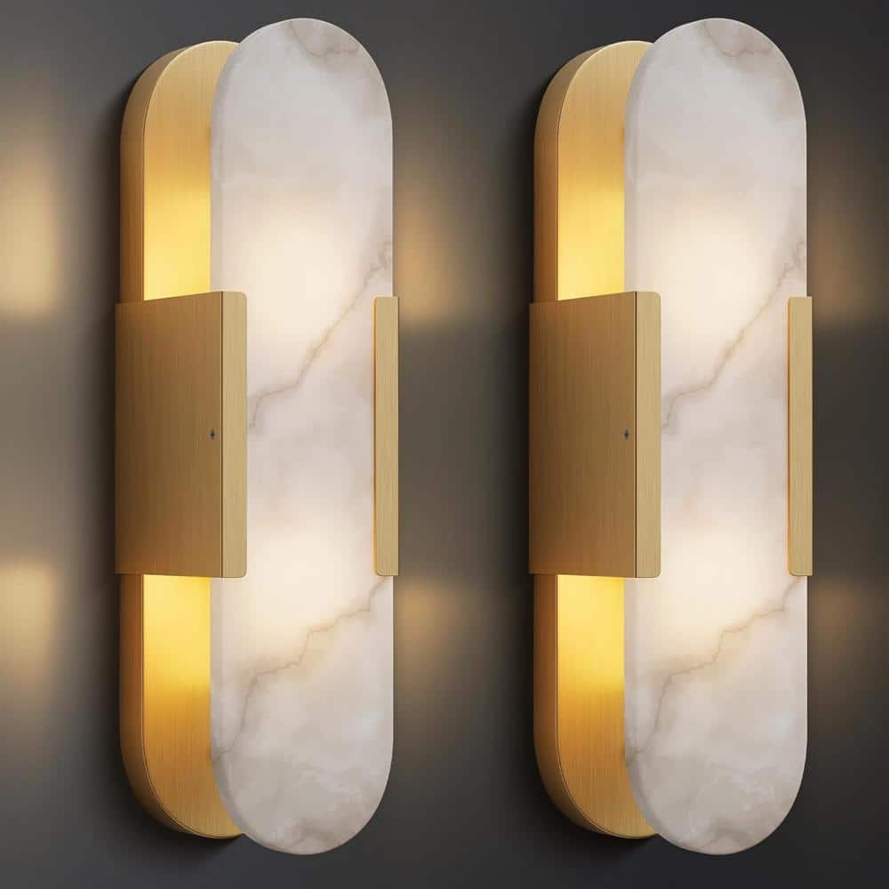 YUYI 19.8 in. 2-Light Alabaster Gold Wall Sconce, Natural