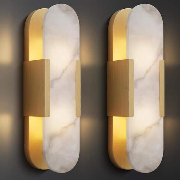 19.8 in. 2-Light Alabaster Gold Wall Sconce, Natural Marble Wall Light for Living Room, Dining Room, Bedroom (2-Sets)