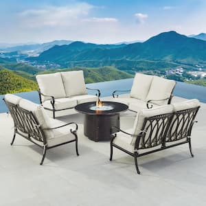 Black Aluminum Fire Table Set with 4-Deep Seating Loveseats