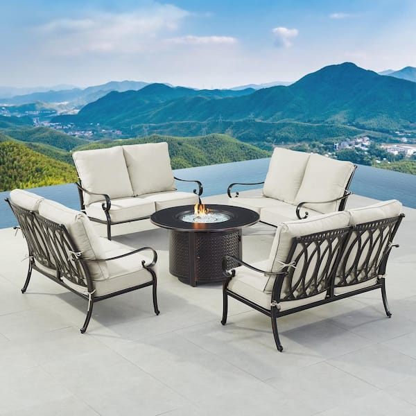 Black Aluminum Fire Table Set with 4-Deep Seating Loveseats