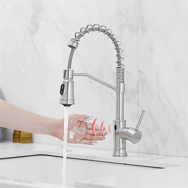 FLG Single Handle Touchless Kitchen Sink Faucet With Pull Down Sprayer Commercial 1 Hole Smart Hand-Free Taps Brushed Nickel