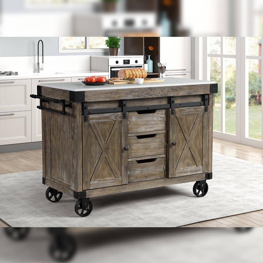 Weathered Gray Pine Kitchen Island with Marble Top