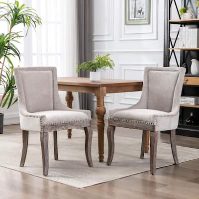 Beige Fabric Dining Chairs with Solid Wood Legs and Bronze Nail Head Trim (Set of 2)