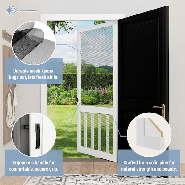 32in. x 80in. Universal Primed White Pine Vertical Slat Screen Door with Lock-Classic 5-Bar Style Gauze Mesh Hinged Door