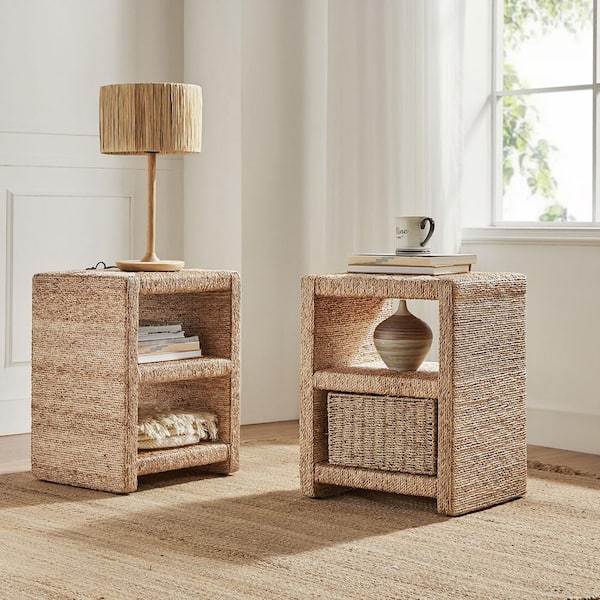 Erminio 24 in. Natural Coastal Style Grass Rope Side Table with 2-Open  Shelves (Set of 2)