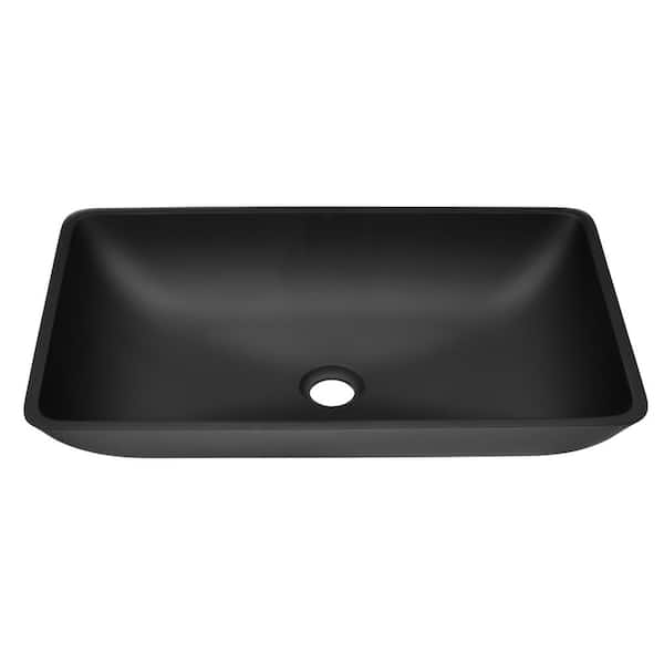 Flynama 22 in. Glass Rectangular Vessel Bathroom Sink with Faucet and Pop-Up Drain in Matte Black