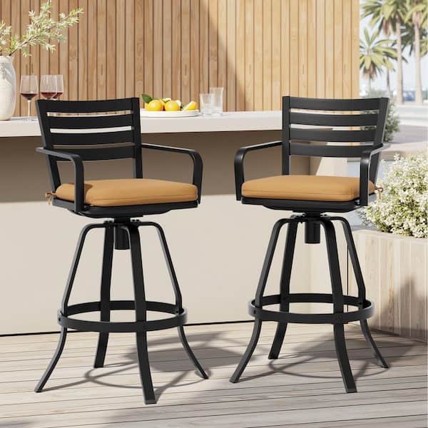 2-pieces Swivel Cast Aluminum Outdoor Bar Stool with Sunbrella Cushion in Echo Teak