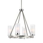 Jonah 4-Light Satin Nickel/Chrome Modern Contemporary Hanging Wagon Wheel Chandelier with Etched Glass Shades