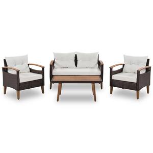 Set of 4 PE rattan garden furniture, outdoor patio seating set, solid wood table cushions brown and beige