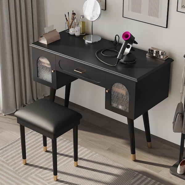 2-Piece Black Makeup Vanity Set with Organizer, Writing Desk and Charging Port