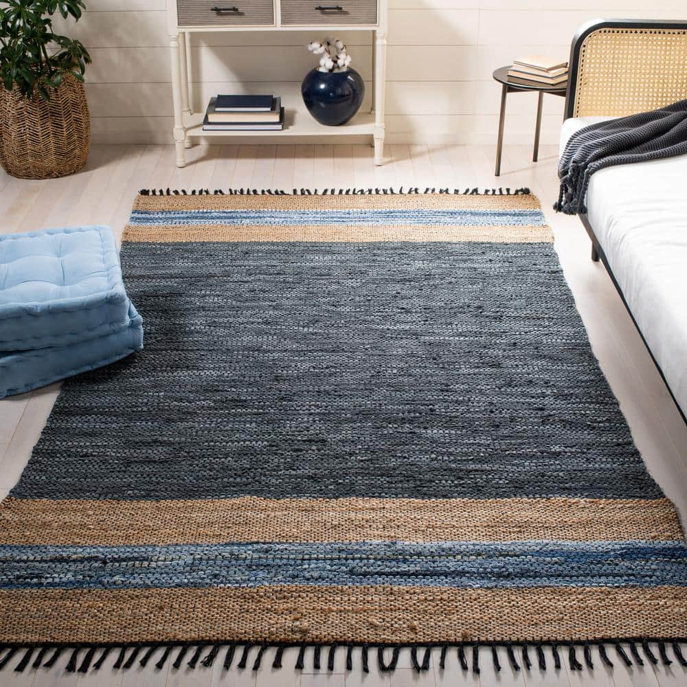 Handmade Blue and Natural Cotton Cowhide Striped 8' x 10' Area Rug