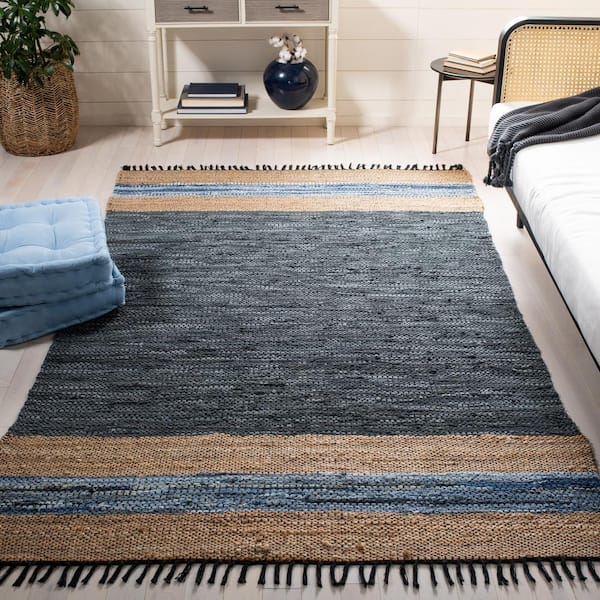 Vintage Leather Blue/Natural 8 ft. x 10 ft. Border Solid Color Area Rug