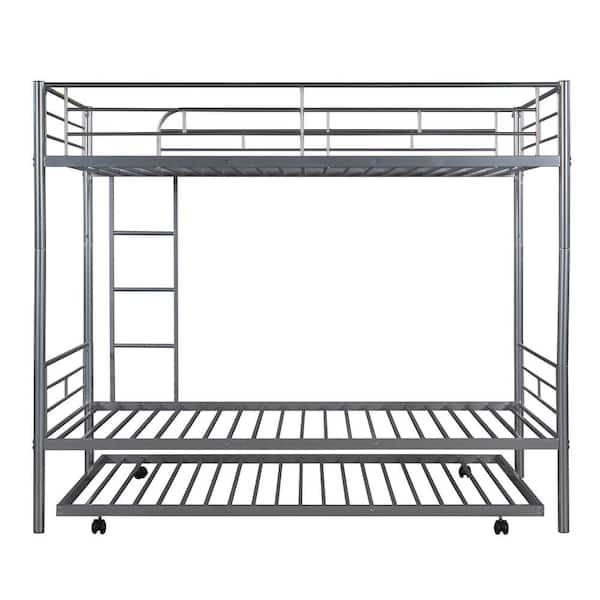 Unbranded Silver Twin-Over-Twin Metal Bunk Bed with Trundle Can be Divided into 2-Beds