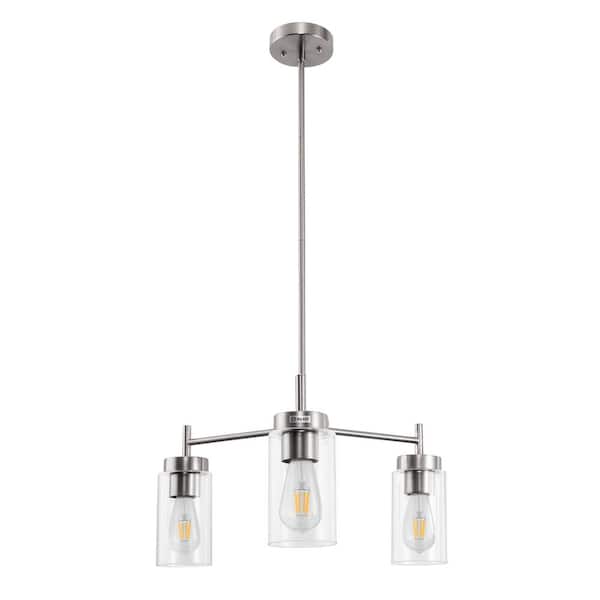Briignite 3-Light Chandelier in Brushed Nickel with Clear Glass Shades, a Modern Pendant Light Fixture for Kitchen or Dining Room