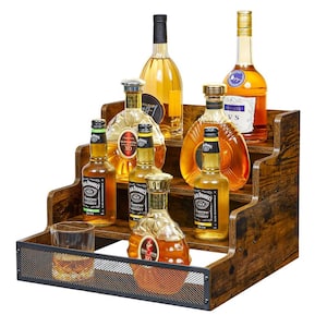 4 Step Countertop Liquor Bottle Display Shelf, Wood Bar Shelves with Fence for 16 Bottles, Freestanding Storage Shelves