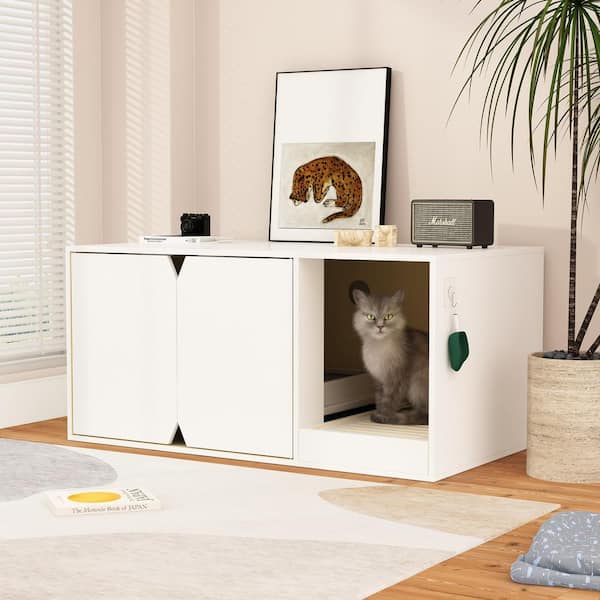FUFU&GAGA Cat Litter Box Enclosure, Modern Wooden Large Stackable Cat Litter Box Organizer with Litter Catch Box, Log with White