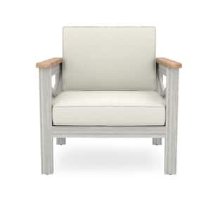 2-Piece Grey Acacia Wood Outdoor Lounge Chair with Beige Cushions.