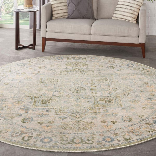 Astra Machine Washable Blue Green 5 ft. x 5 ft. Center medallion Traditional Round Area Rug