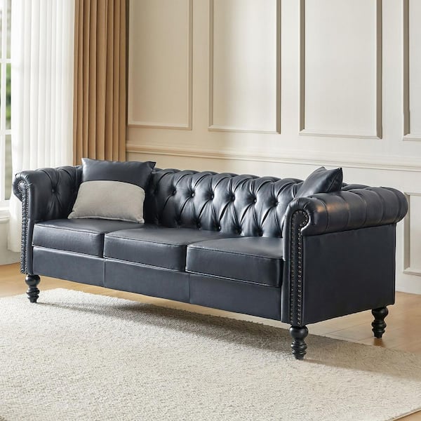Felisa 84.5 in. Rolled Arm Faux Leather Rectangle Sofa in Navy with Nailhead