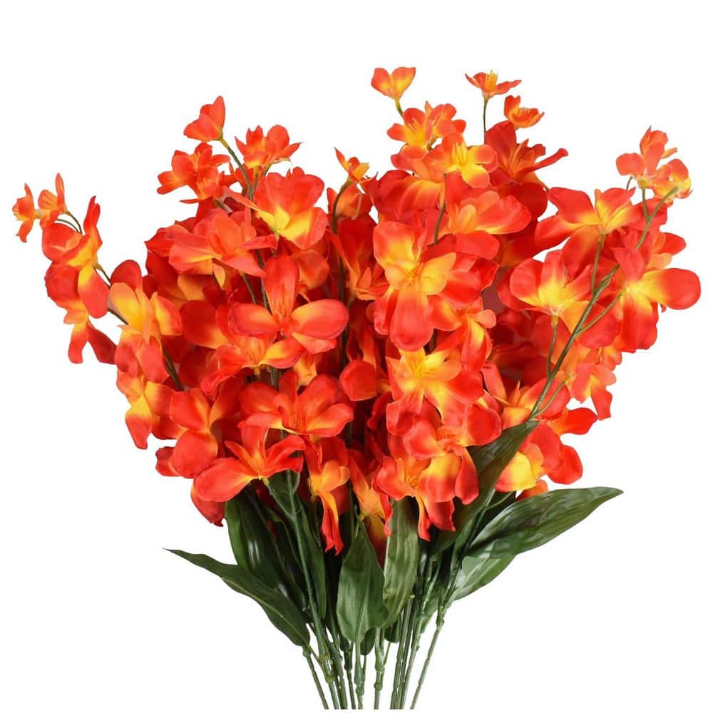 27 in. Artificial Orange Turquoise Silk Orchid Stems 12 pcs Indoor