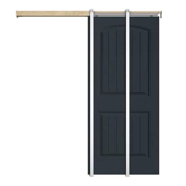 CALHOME 30 in. x 80 in Charcoal Gray Composite MDF 2-Panel Camber Top Sliding Door with Pocket Door Frame and Hardware Kit