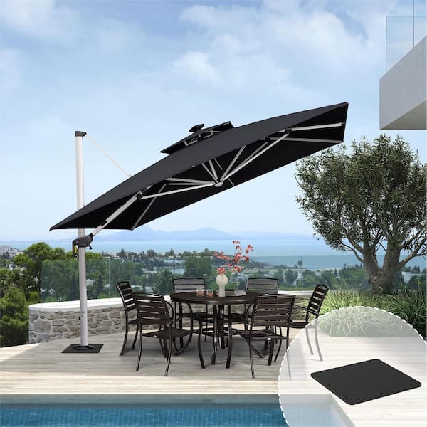 PURPLE LEAF 11 ft. Square Aluminum Solar Powered LED Patio Cantilever Offset Umbrella with Base Plate, Black