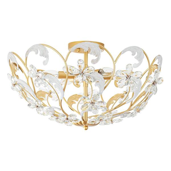 Rennnsan 21 in. 6-Light Modern Bowl Brushed Gold Crystal Flower