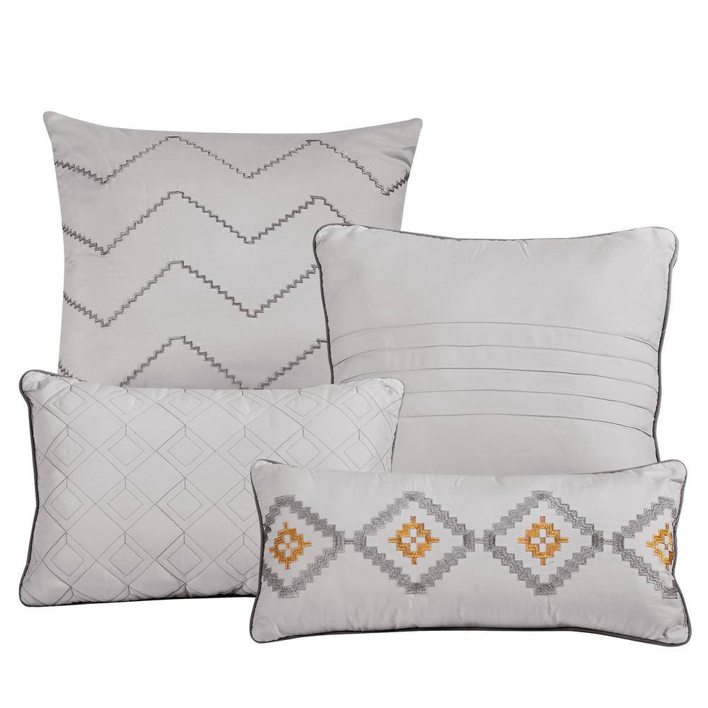 Gray and Yellow Embroidered Microfiber Queen Comforter Set