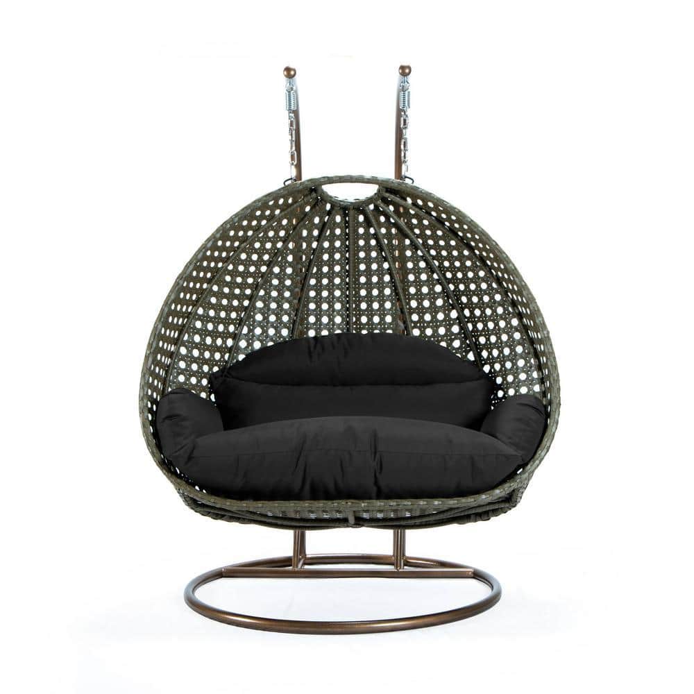 2-Person Double Hanging Egg Swing Chair with Stand, Beige Wicker Teardrop Loveseat, Black Cushions, Outdoor Patio