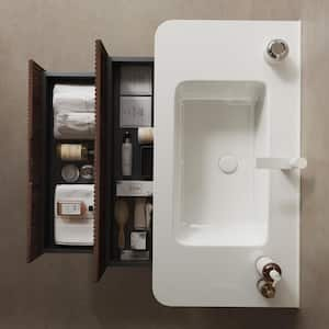 35.75 in. x 18.31 in. x 20.4 in. White Deep Walnut Wall Mounted Plywood with Ceramic Sink Bathroom Vanity with 2-Drawers