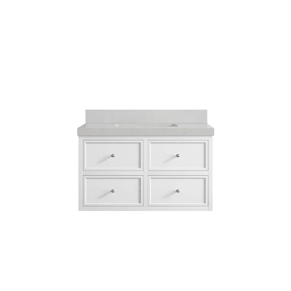 Roswell Floating 36 in. Single Sink Freestanding White Bath Vanity with Carrara Qt. Top Unassembled