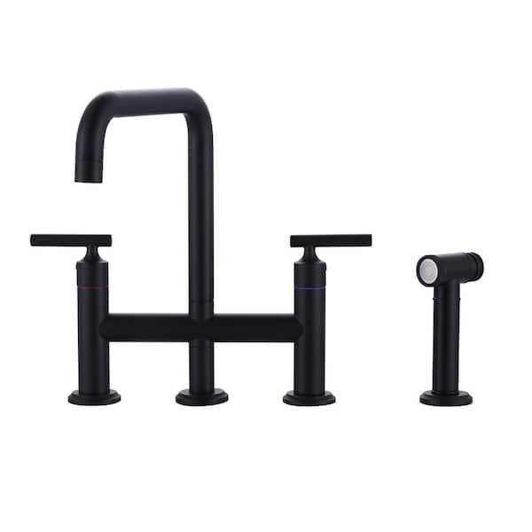 VEVETTA Double Handle Bridge Kitchen Faucet, Deck Mount Kitchen Sink Faucet with Side Sprayer in Matte Black﻿