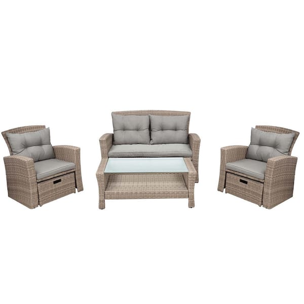 Unbranded Beige 4-Piece Wicker Metal Outdoor Sectional Set with Gray Cushions