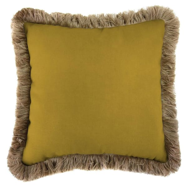 Jordan Manufacturing Sunbrella Canvas Maize Square Outdoor Throw Pillow with Heather Beige Fringe