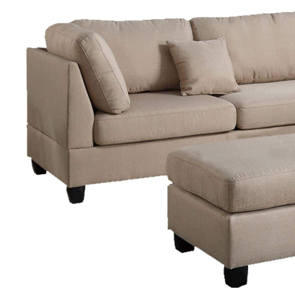 Beige Linen 3-Piece Sectional Sofa with Ottoman