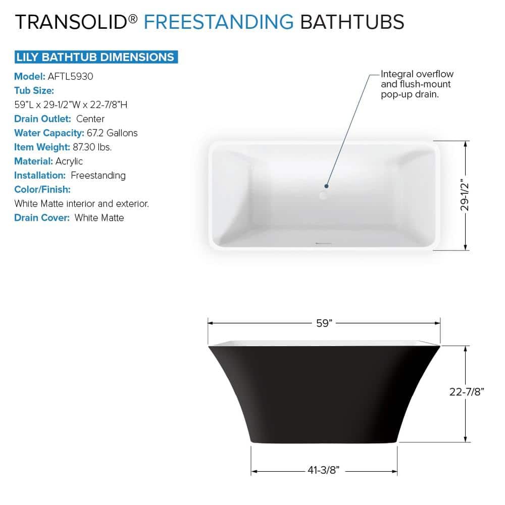 59-Inch Black and White Acrylic Freestanding Soaking Bathtub