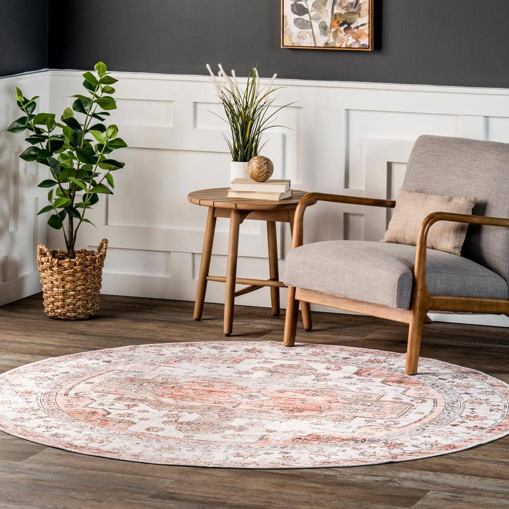 Vintage Beige and Tan Round Synthetic Washable Area Rug, 6'