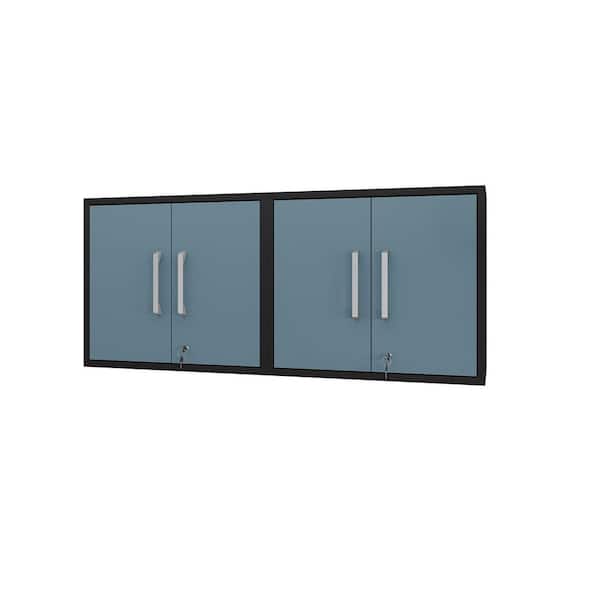 Manhattan Comfort Eiffel Particle Board Wall Mounted Garage Cabinet in Black and Aqua (28.35 in. W x 25.59 in. H x 14.96 in. D) (Set of 2)