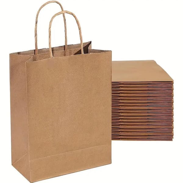Wellco 8.2 in. x 4.3 in. x 10.6 in Kraft Paper Gift Bag with Handle Grocery Bag Tote Bag Christmas Decoration (100-Count)